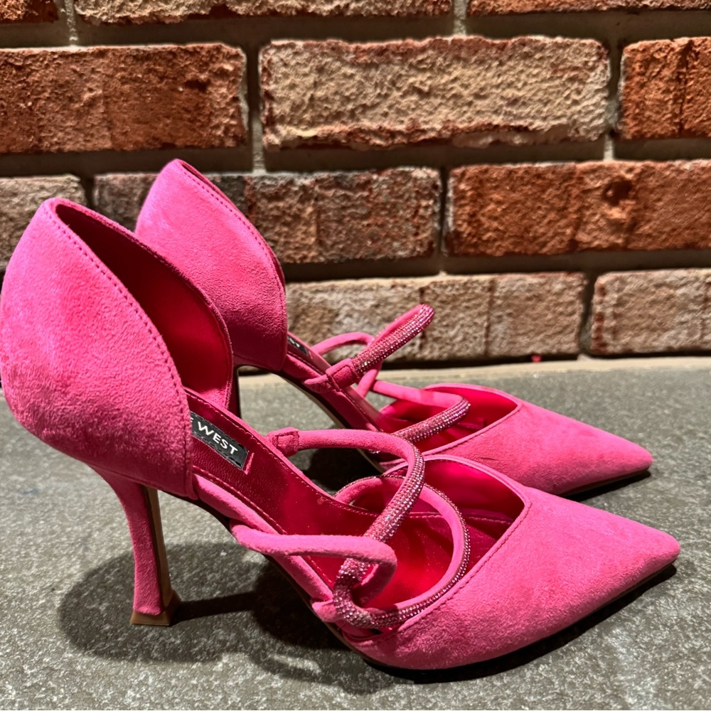 Pink Suede Heels with Sparkly Strap Accents
